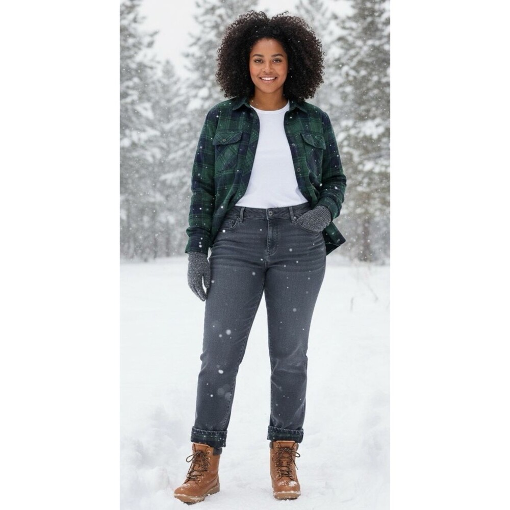 Lands End womens plaid flanneled lined 5-pocket jeans 14 winter retail $89.95